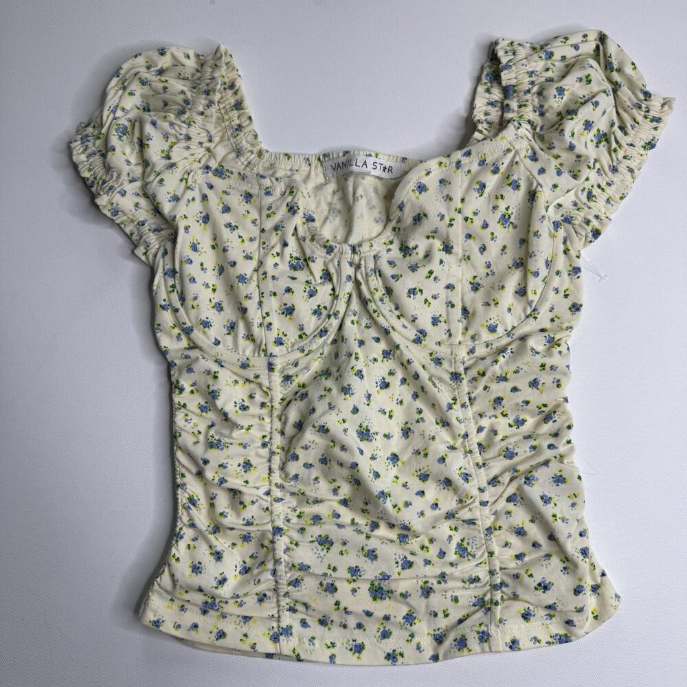 Vanilla‎ Star Floral Ruched Puff Sleeve Crop Top Cream Blue Green Size S